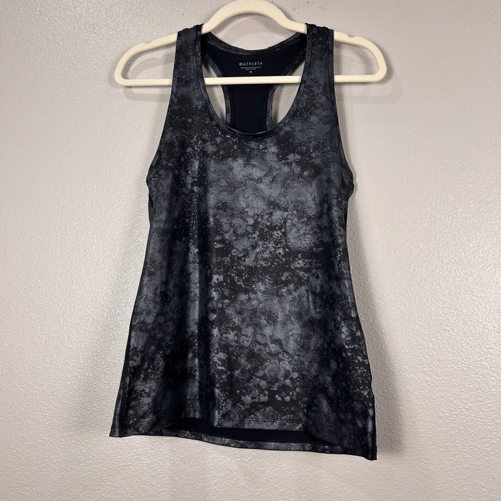 Athleta Womens Racerback Tank Top Black Gray Metallic Foil Lace Print Size M
